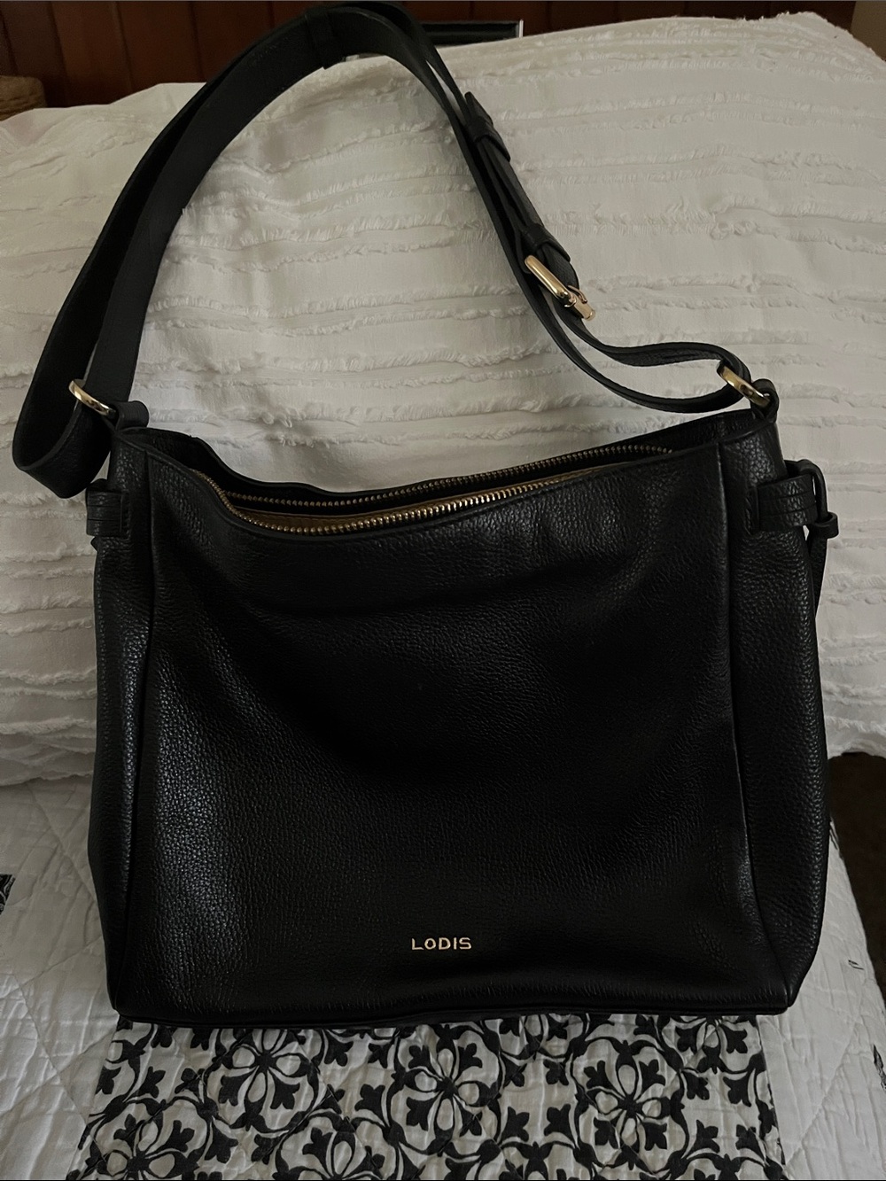 Lodis Black Pebbled Leather Shoulder Bag with Gold Hardware